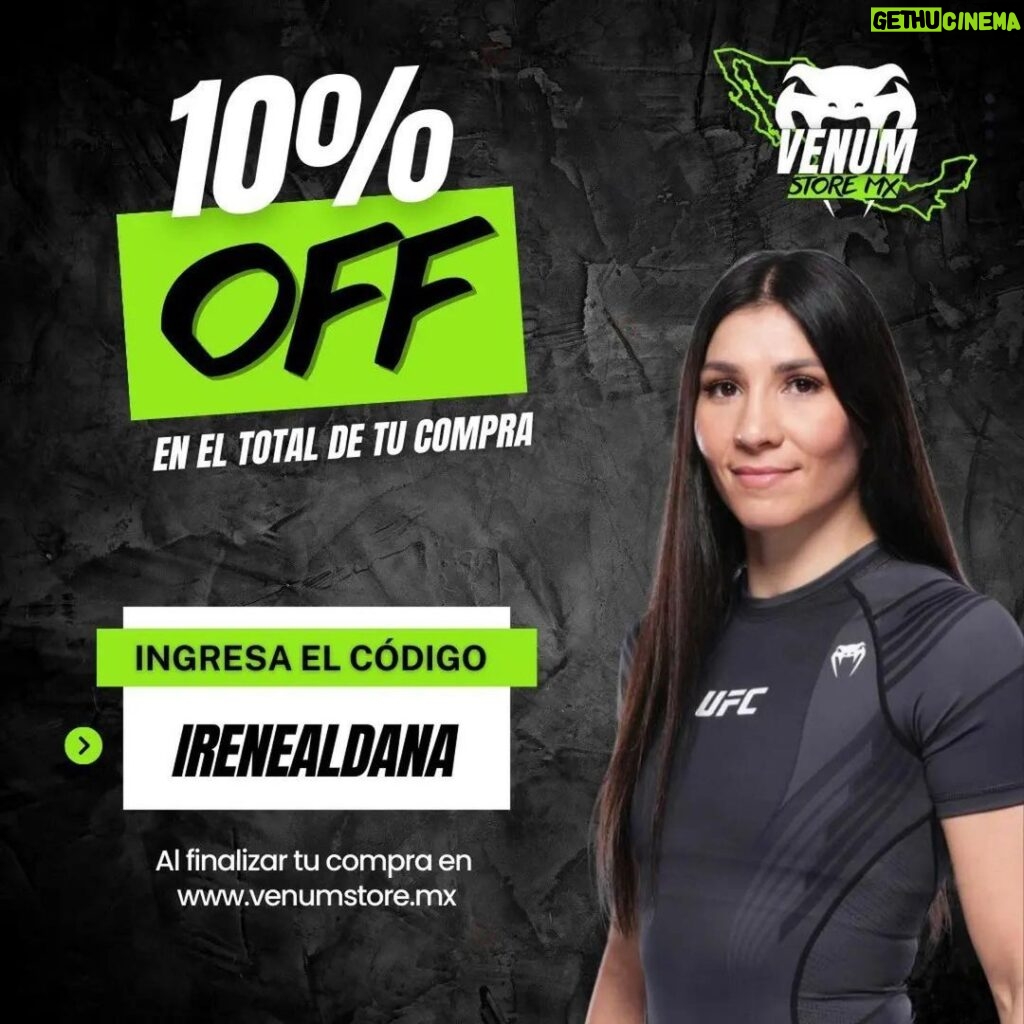 Irene Aldana Instagram - 💚🐍‼ #Repost @venumstoremx ・・・ ¡Aprovecha lo mejor de Venum con el 10% de descuento en nuestra tienda online! 🔥 🔸Guantes de boxeo y MMA 🔹Espinilleras 🔸Bolsas deportivas 🔹Shorts de Muay thai y MMA 🔸Ropa deportiva y casual 🔹Accesorios 👉 Utiliza el código IRENEALDANA al finalizar tu compra en venumstore.mx 🏷 Enviamos a todo México 🇲🇽 #ufc #mma #venum #venummx #mexico #irenealdana #teamirene #sponsored #sale