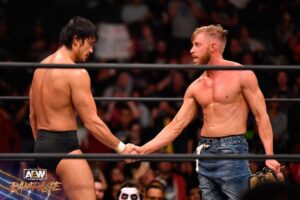 James Cipperly Instagram - Respect.
.
.
.
#baybee #tuesday #aew #aewrampage #wrestling #respect #shades #championship #njpw #handshake #kingoftheocean