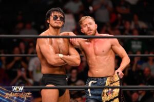 James Cipperly Instagram - Respect.
.
.
.
#baybee #tuesday #aew #aewrampage #wrestling #respect #shades #championship #njpw #handshake #kingoftheocean
