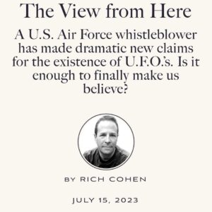 Jeremy Kenyon Lockyer Corbell Instagram - Fascinating UFO article by the great Rich Cohen, written in @AirMailWeekly.

A brave new voice on the UAP beat. Glad to finally hear his thoughts on this enigmatic puzzle 🛸

•••

READ FULL : https://airmail.news/issues/2023-7-15/the-view-from-here

By @Author.RichCohen
•••

“When I told Jeremy Corbell, a documentary filmmaker and U.F.O. savant, my primary beef with alien visitation - space is too big and our lives are too short - he said, 

“No, man. You’ve got it all wrong. They don’t travel across time. They jump through it.”

“According to Corbell, U.A.P.’s are powered by anti-gravity technology, devices that do not propel them across space - that would result in sonic booms, liquefied pilots, and take forever - but manipulate it, warping the continuum, allowing the craft to skip from here to way the hell over there in no time. Like Pac-Man, they vanish screen right and reappear screen left. Which might explain the near impossibility of getting a decent picture of a U.F.O. The image is not clear because the saucer is often in the process of distorting space-time.”