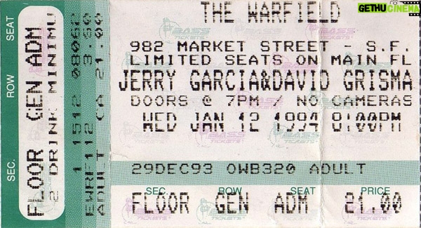 Jerry Garcia Instagram - Jerry and @daviddawggrisman played the Warfield on this night back in 1994. The show included 3 debuts in the first set– "Teddy Bear’s Picnic," "Dark As A Dungeon," and "Bow Wow" – with the latter two marking their only live rendition by the duo. Were you part of the audience that night?