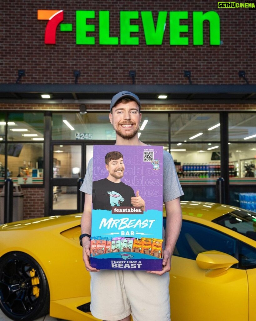 Jimmy Donaldson Instagram - Feastables is now available in EVERY 7-Eleven and Speedway in America! To celebrate we are giving away a lambo to one person who buys Feastables anywhere in the next 7 days! (Link in bio)