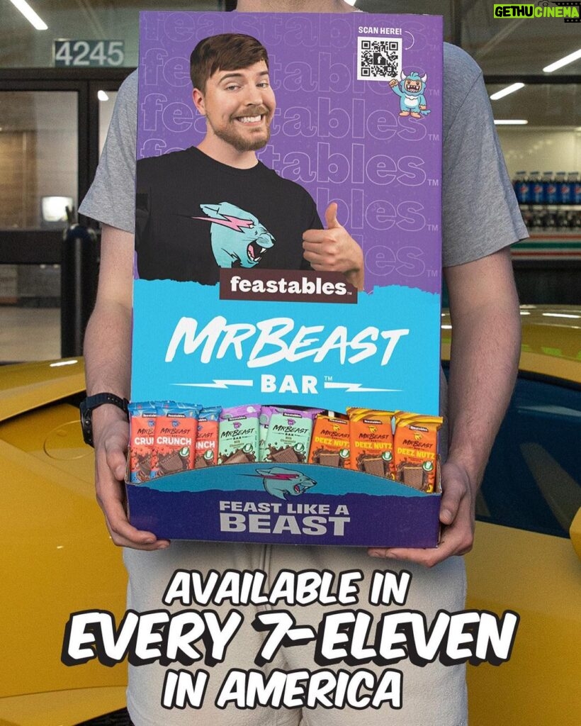 Jimmy Donaldson Instagram - Feastables is now available in EVERY 7-Eleven and Speedway in America! To celebrate we are giving away a lambo to one person who buys Feastables anywhere in the next 7 days! (Link in bio)