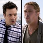 Jimmy Fallon Instagram - Jimmy and Brad Pitt yodel from different rooftops in New York City! #FallonFlashback #Yodel