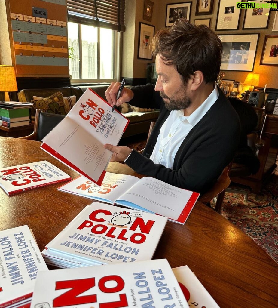 Jimmy Fallon Instagram - I’ve co-written a children’s book with @jlo that will teach Spanish vocabulary with the help of a chicken named Pollo. Out October 11th. Check with your local bookstore or pre-order #ConPollo today! (link in bio)