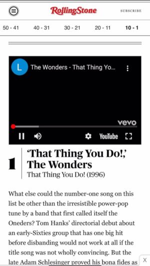 Johnathon Schaech Instagram - “What else could the number-one song on this list be other than the irresistible power-pop tune by a band that first called itself the Oneders? #TomHanks directorial debut about an early-Sixties group that has one big hit before disbanding would not work at all if the title song was not wholly convincing. But the late #AdamSchlesinger proved his bona fides as the unquestioned master of the fake-pop-song form with the tight harmonies and catchy riffs he wrote for these one-hit wonders. The song plays in full or in part 11 different times in the film, and never gets old.” A.S. @rollingstone @tomeverettscott @stevezahn @ethanembry 
#GaryGoetzman and #JonathanDemme 
We are still climbing the charts! I love everyone for loving #thatthingyoudo 🙏🏽❤️