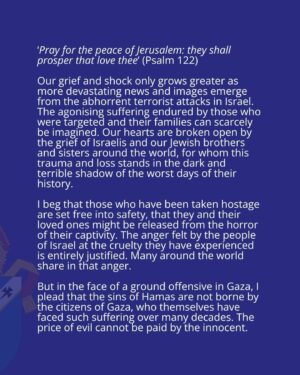 Justin Welby Instagram - Pray for the people of Israel, Gaza and the West Bank. Pray for the future of the Holy Land.

Swipe through to read my statement - also available at the link in my bio.