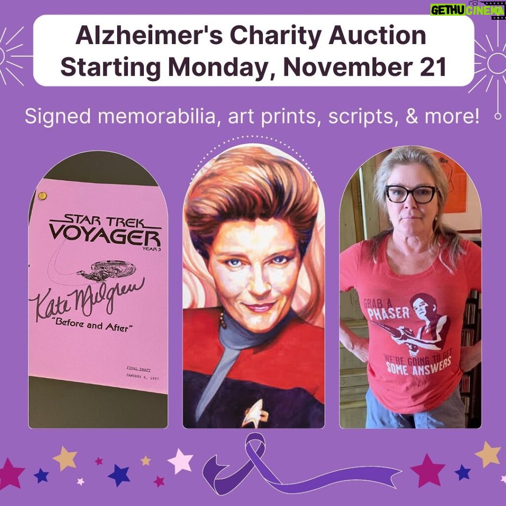 Kate Mulgrew Instagram - Launching on Monday! Stay tuned for the auction link - bidding will last 10 days and encompass #GivingTuesday, celebrating November as Alzheimer's Awareness Month. All items signed by me, including scripts from my personal Voyager archives. I have partnered with Retrospect Studios, as they have generously donated a Janeway art print (middle image), as well as my niece, Thérèse Mulgrew @theresemulgrewart, who has donated three art prints. Many thanks and I am looking forward to raising funds for this cause that is so close to my heart. #alzheimers #alzheimersawareness #charityevent #charityauction #Janeway #StarTrek