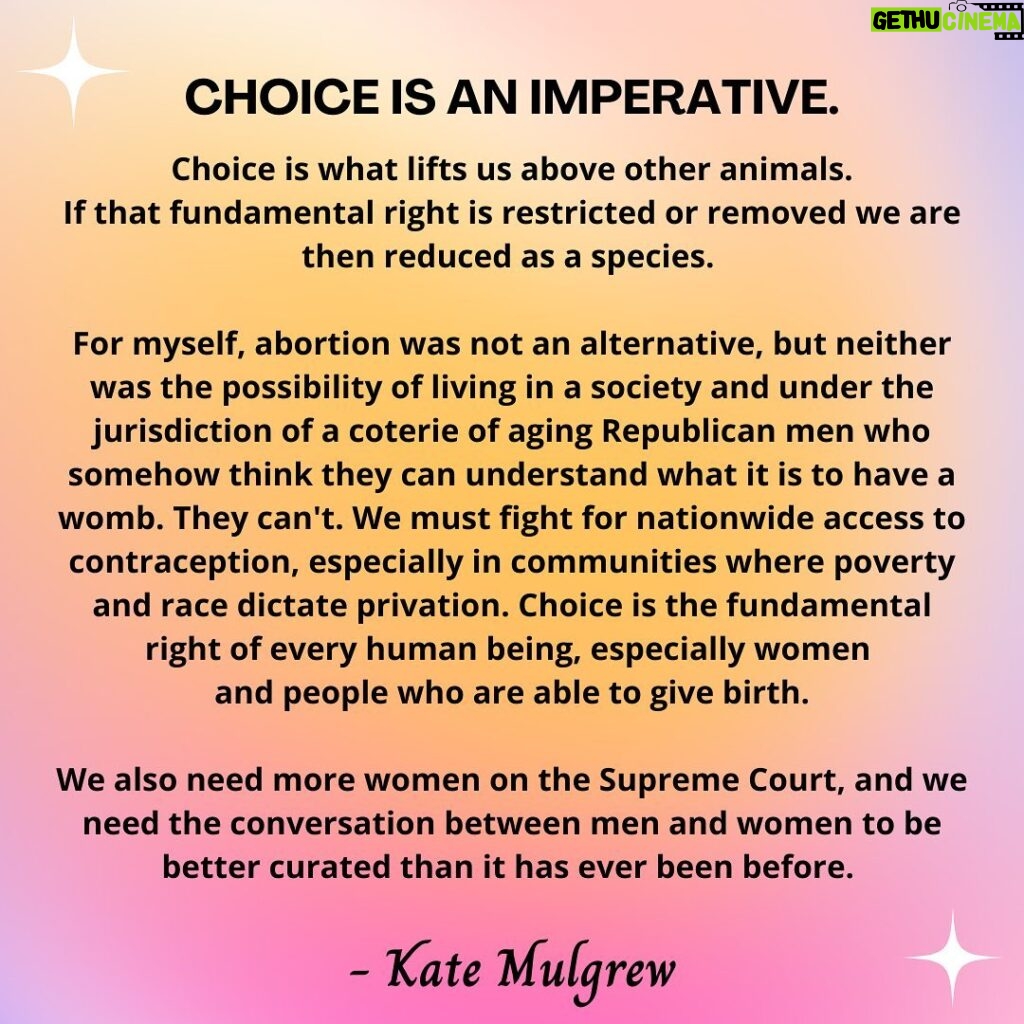 Kate Mulgrew Instagram - A statement on choice, the Supreme Court, and our society.