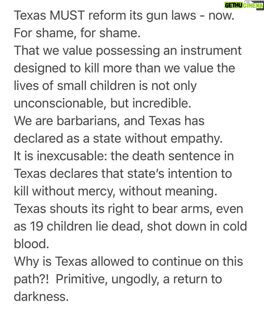 Kate Mulgrew Instagram - A statement on the senseless, horrifying school shooting yesterday. We cannot allow the NRA convention planned in Houston to go forward. As President Biden said, "When in God’s name are we going to stand up to the gun lobby?” It must be now.