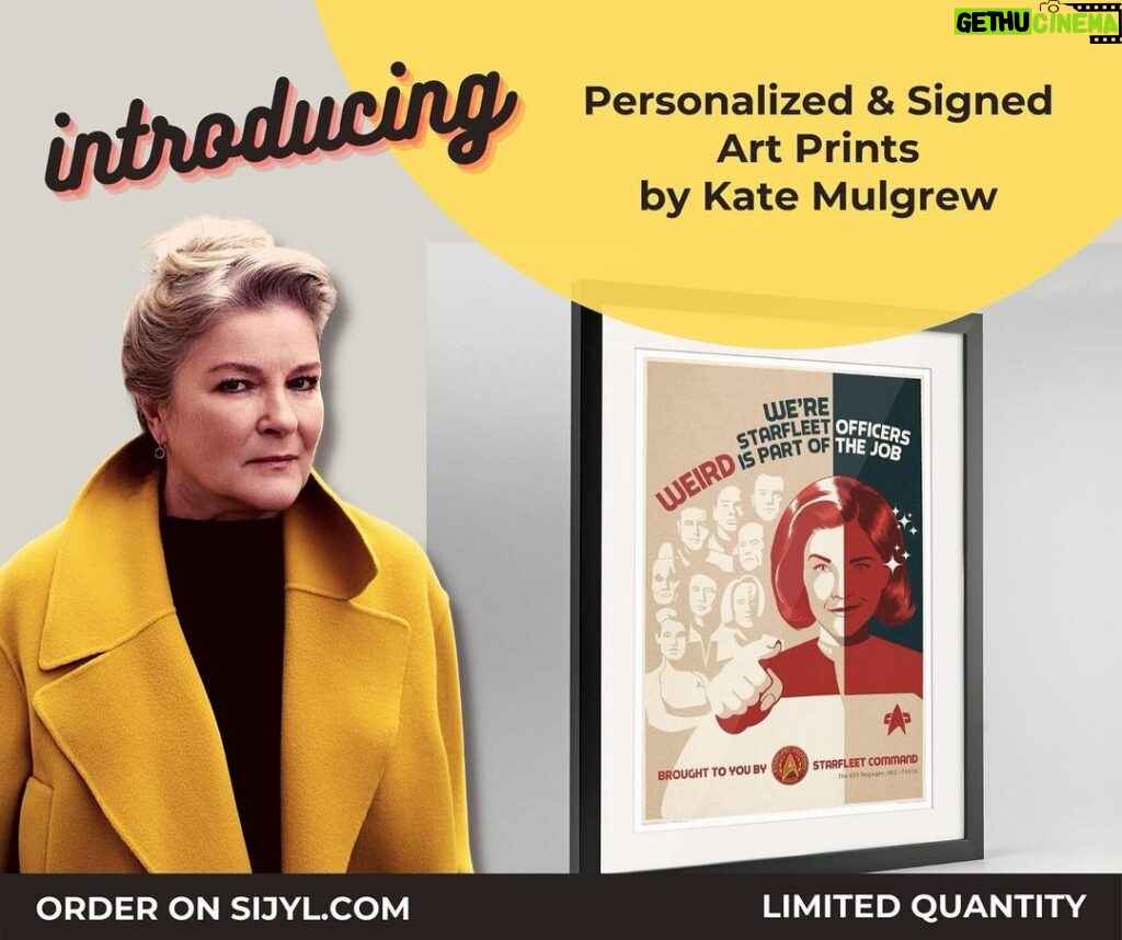 Kate Mulgrew Instagram - I've partnered with Point Two Design to offer digitally signed #Janeway art prints - if you can't make it to a con or appearance, I can still personalize for you! Video & more at the link below, & this first batch is limited to 200 prints. https://sijyl.com/products/kate-mulgrew-custom-signed-art-prints