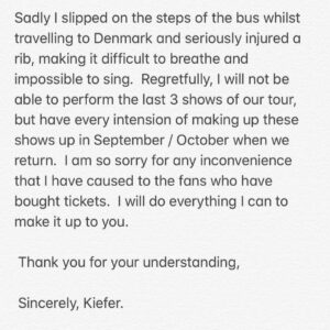 Kiefer Sutherland Instagram - ANNOUNCEMENT: Make up dates in September to be announced shortly for Denmark and Gothenburg. My sincere apologies. Kiefer.
