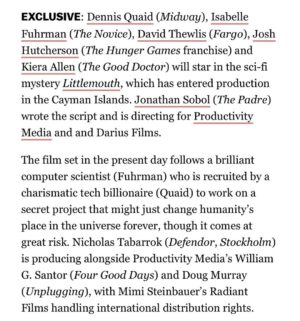 Kiera Allen Instagram - If I could tell twelve-year-old Kiera what was coming…. I think she’d ask for a time machine to get to this exact moment. I have admired each of these actors for YEARS, and it’s an honor to be sharing the screen with them now. On top of that, we’ve got a beautiful script from Jonathan Sobol and an incredible crew working on bringing it to life, so I think we’ve got something pretty special on our hands. Get ready for Littlemouth, starring @dennisquaid, @isabellefur, @officialdavidthewlis, @jhutch1992, and (surreally) me.