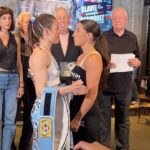 Kim Clavel Instagram - Kim Clavel a n’a pas détaché son regard de son adversaire Evelin Bermudez! On a des frissons! Ce sera un combat d’une grande envergure! 🥊- - 📸 crédits: @sweetsciencemgt - #clavelbermudez #boxing #faceoff #femaleboxer