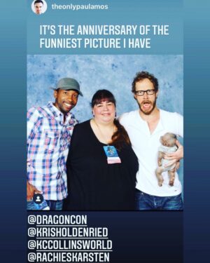 Kristen Holden-Ried Instagram - Yes this happened @dragoncon 
Yes @theonlypaulamos took the shot. 
Yes that’s @kccollinsworld 
Yes that’s a real life werewolf baby suckling on my teet.
Yes it hurt. 
And yes! That’s @rachieskarsten 
Every other picture you see of her is photoshop bullshit. 
❤️