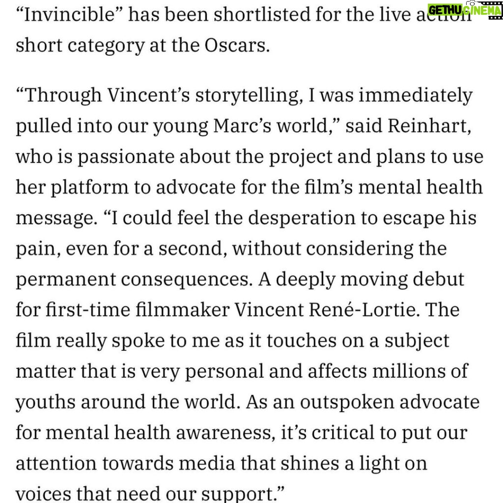 Lili Reinhart Instagram - I’m so honored that my production company is an exec producer of this Oscar shortlisted short film, Invincible, directed by @vincentrenelortie. This beautiful, heartbreaking film that centers on mental health could not be more timely or important. It’s crucial to continue the conversation on behalf of those who aren’t here to do it themselves. The link to the film will be featured in a highlight story on my profile.