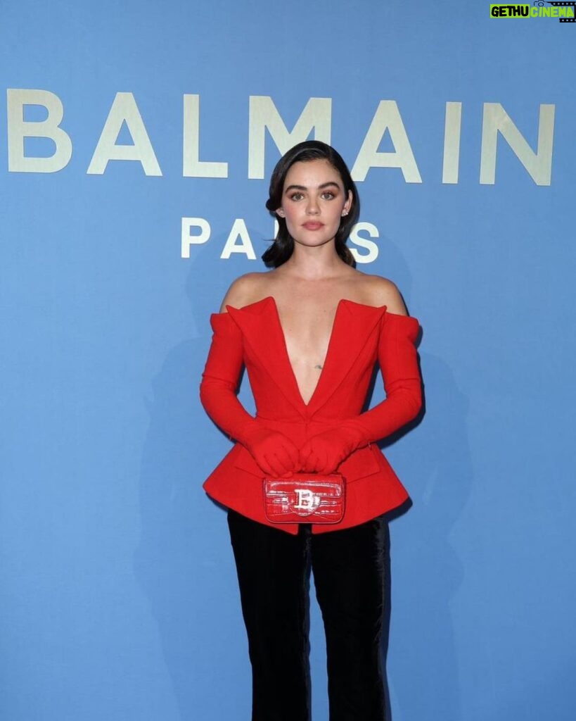Lucy Hale Instagram - wowow the @balmain SS24 show in Paris was unforgettable ♥️ Was dying to get photos of the collection but…gloves! Congratulations @olivier_rousteing & thank you for having me at my first Balmain show ever ! Paris, France
