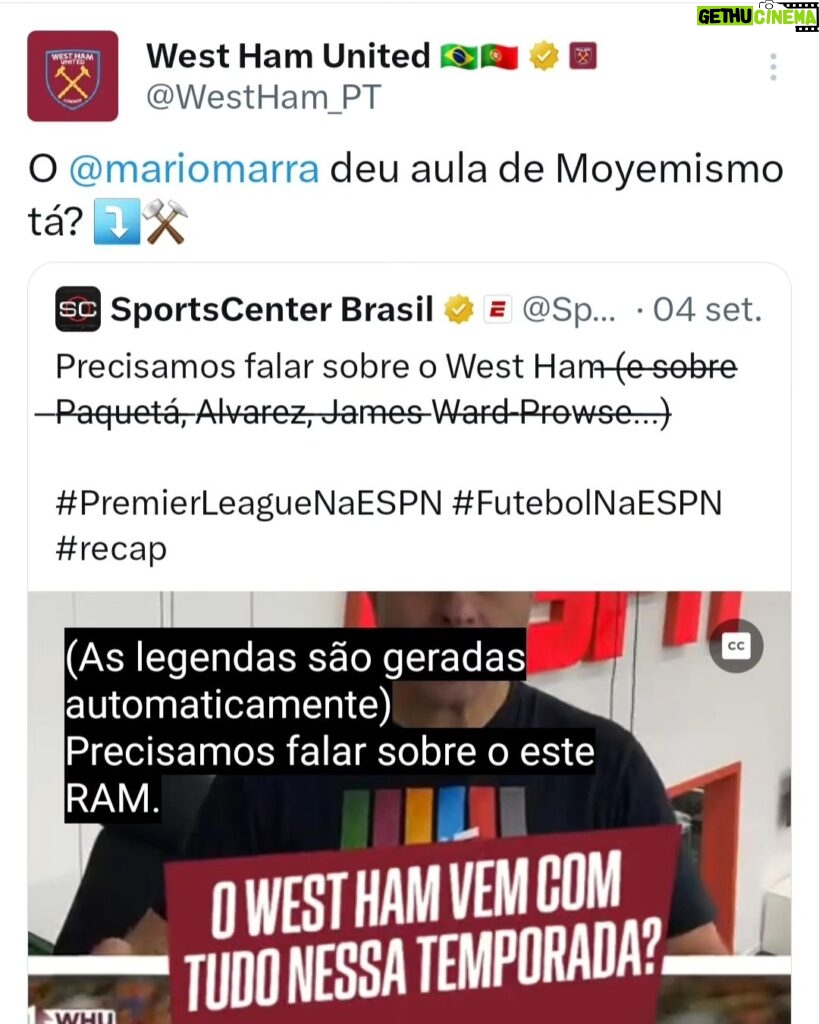 Mário Marra Instagram - Às vezes me pego pensando nos rumos que a vida levou e os caminhos que a carreira seguiu. Hoje foi um dia assim. Um dia legal. Estar na ESPN, conviver com tanta gente que admiro há tanto tempo e ter a oportunidade de trabalhar em jogos da Premier League. Uau! Quanta coisa para comemorar! Já trabalhei com muita gente brilhante. Alguns realmente são geniais. Eu, um cara que procura se observar com frequência, sei desde cedo que não posso contar com brilhantismo e muito menos com genialidade, mas o suor sempre foi meu aliado. Leio, busco informações, tento entender de novo e é com muito suor que vou tentando seguir. Voltando ao dia de hoje, parei para pensar em quanto é representativo ser convidado por canais oficiais de clubes da Inglaterra no Brasil ou de torcidas oficiais de times ingleses daqui. Ter a oportunidade de ter a opinião respeitada dá muita satisfação. Muita. É a percepção de que o caminho do estudo, do respeito, do trabalho realizado com seriedade pode ser um caminho mais longo, mas é também sólido. À ESPN a minha gratidão pelo espaço, pelo tratamento, pelo respeito. Aos que me procuram para a opinião também vai meu agradecimento. Estarei fora por uns dias a partir do dia 27 e voltarei com mais vontade de aprender. 📷: Contas oficiais em português do West Ham Brasil e Manchester City. @brasilspurs @falagooner @caminhanteslfc @bluesofstamford @redarmybrasil Um forte abraço também para o pessoal da @blackwolves_brasil , que até uma camisa mandou pra mim.