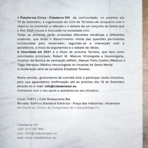 Manuel Pinto Coelho Instagram - Está convidado a participar num debate com o tema "A Imunidade em 2021”. Este painel irá contar com Robert W. Malone (Virologista, Imunologista e Inventor da técnica de vacinação RNAm), Manuel Pinto Coelho (Médico) e Tiago Marques (Imunologista Hospital Santa Maria) com moderação de Elisabete Tavares, no dia 19 de Setembro (Domingo pelas 19h00) como tem sido habitual, no Espaço VINYL, em Alcântara. 

Todos serão bem vindos ao VINYL, sendo o debate também transmitido em Direto nas Redes Sociais. 

As confirmações de presença deverão ser feitas por e-mail (info@cidadaniaxxi.eu). 

Para mais informação visite 👉http://www.cidadaniaxxi.eu/

Esperamos por si!