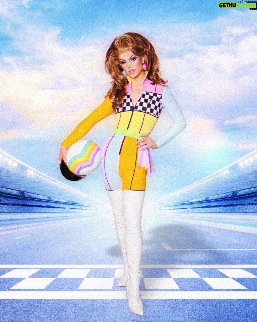 Marcia Marcia Marcia Instagram - Rainbow road baby! Thank you to @gloria_swansong for banging this 🌈jumpsuit out totally last minute. This is the one runway I brought that I didn’t make myself! Hair: @baehmbaehmwigs Edit: @reesehavocnyc Helmet: me :)