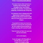 Marti Gould Cummings Instagram - Today is #worldmentalhealthday You never know what someone is dealing with internally, what struggles they have hidden beneath the surface. Compassion, empathy, & kindness go a long way. As someone who is diagnosed with depression & bipolar disorder talking openly about mental health was & is scary but we must end the stigma. I'm grateful to have survived my attempt to end my life and grateful for the medical advancements to help in dealing with mental health. There is help out there for you and you are not alone. Let's end stigma. If you struggle with thoughts of suicide please reach out - 1-800-273-8255 or 988