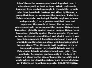 Marti Gould Cummings Instagram - Call your reps. We must end the hate and violence happening against Palestinians. We must have a safe return of Israeli hostages. We must work to end genocide and hate. Islamophobia is on the rise. Antisemitism is on the rise. Supporting Palestinian people and being against anti-semitism go hand in hand. All systems of oppression reinforce one another and we must combat them all for the sake of humanity. No more lives should be lost .