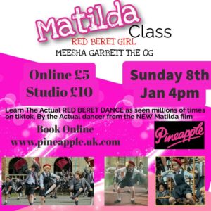 Meesha Garbett Instagram - SUNDAY 8TH JAN (this sunday) teaching the RED BERET DANCE FOR FINAL TIME 😱 BOOK ASAP

Can take class online on zoom or in the studio at pineapple dance studios

Book online
www.pineapple.uk.com

If you take zoom class, you can ask questions on Instagram after the class.  I will also send a personalised message if you want 😍