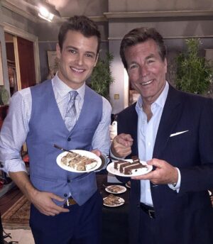 Michael Mealor Instagram - On set, celebrating 45 years of Young and Restless with my award winning TV dad, Peter Bergman. Congratulations YR! #yr45