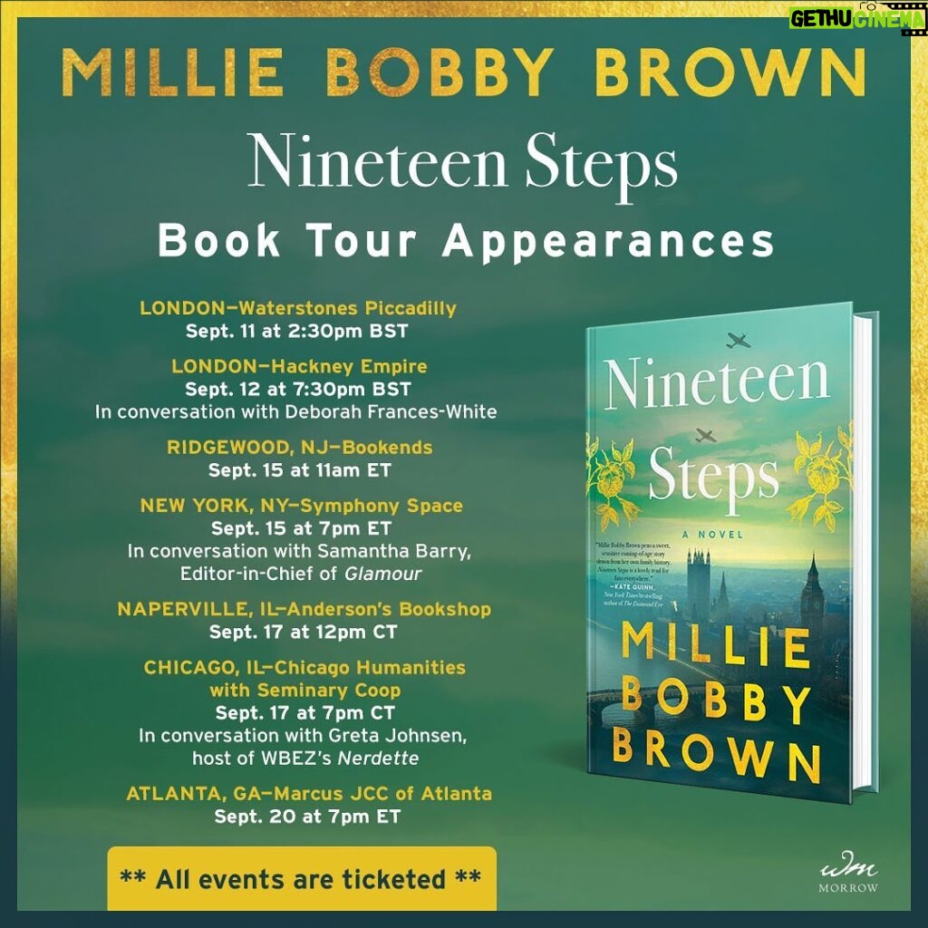 Millie Bobby Brown Instagram - It’s finally here! I’m holding my first finished copy of my debut novel Nineteen Steps – I can’t wait for you all to read it. It’s out in just 3 weeks. I’m so excited to hopefully see lots of you on my Nineteen Steps book tour! I’ll be in London, New York, Atlanta and more talking about the book and signing your copies. Tickets are available from the link in my bio. See you in September!