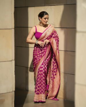 Natasha Luthra Instagram - Clearly in my Saree era 💜 Loved wearing this beautiful Khaddi Georgette Silk Saree by @jarierabanaras. Its sheer and lightweight texture drapes gracefully, making it a perfect choice for those who appreciate style and heritage.

Jewelery @mortantra 
Glam @jagritiglammakeup 
Shot by @iris.filmss 
Hair @hairby_nitin