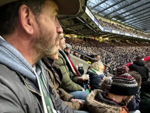 Nick Knowles Instagram - Great day out at the rugby with @katie.dadzie and catching up for a proper giggle with @johnnyherbertf1 also saving my beer from a foot related incident with @benshephardofficial and having a snog with him. Public apologies to the guy with the hood in front as we tried to see how many empty beer glasses we could get in his hood - 14 for the record - top lads all from @rasenrufc and finally a deserved French victory and great singing and good to see Asterix & Obelix amongst us!