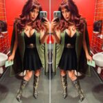 Paige Nicole Mayo Instagram - Ok so listen…a bathroom #selfie is only acceptable if your outfit is THIS fabulous. 😆 👢 I’ve been waiting for colder temperatures so I would wear these beautiful brocade #boots. Tudor-esque tapestry vibes, right? 👑 Chose the music purposely here. My favorite TV show of all time! . . …one last thing ☝🏼 YES I match my notecards to my outfit at #ComicCons. Duh. . . Cape: @escalierstore Boots: @riverisland Belt: Vintage . . #mirrorselfie #wiw #whatiwore #ootd #boots #kneehighboots Liverpool Acc Conference Centre, Albert Dock