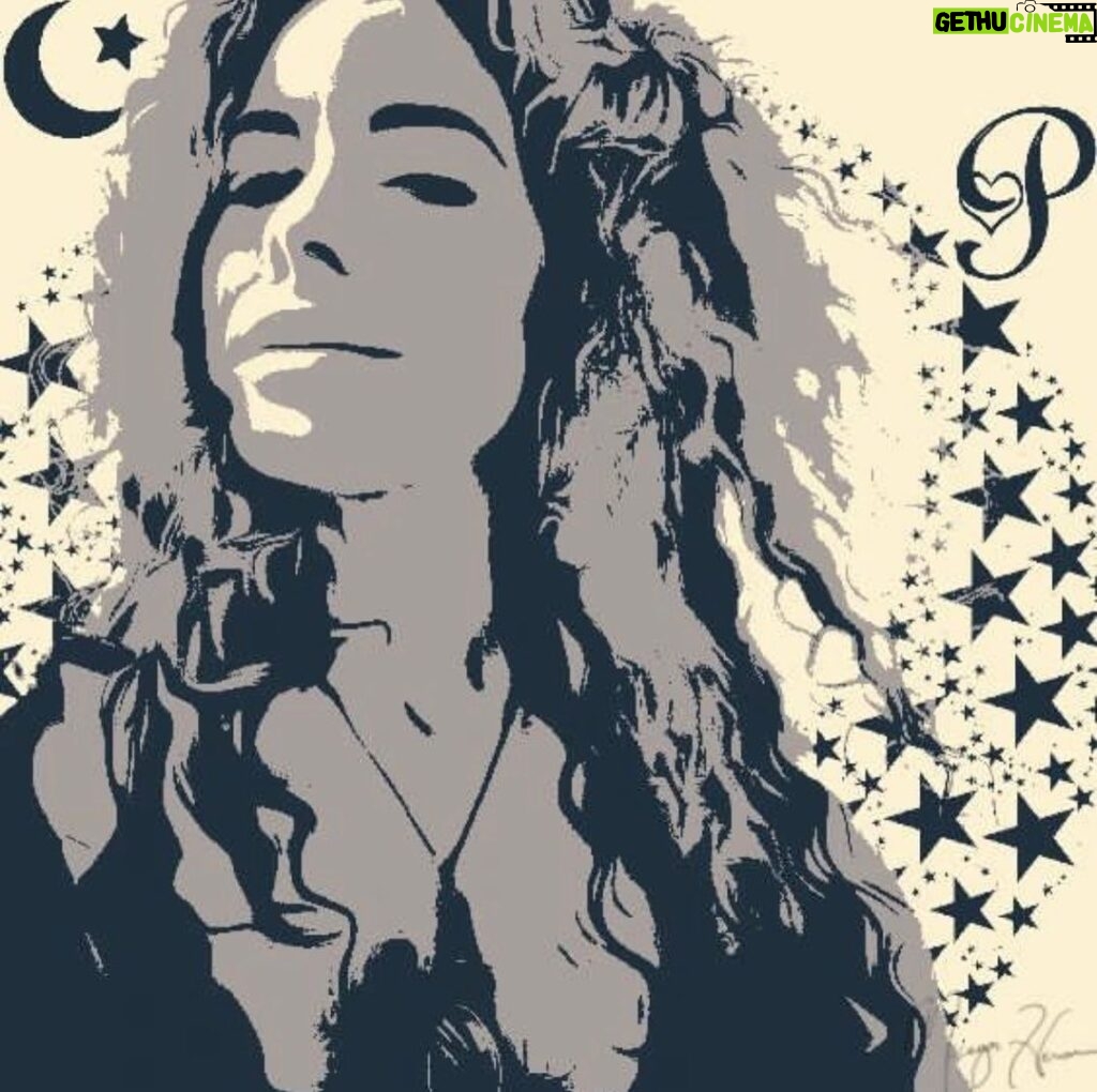 Parisa Fitz-Henley Instagram - Thank you @missladym1981 for the beautiful portrait. 🙏😊🩶🌟🩶🌟😊🙏 Image description: on a cream colored background, in shades of gray, a crescent moon with many stars and the letter P surround an image of me.