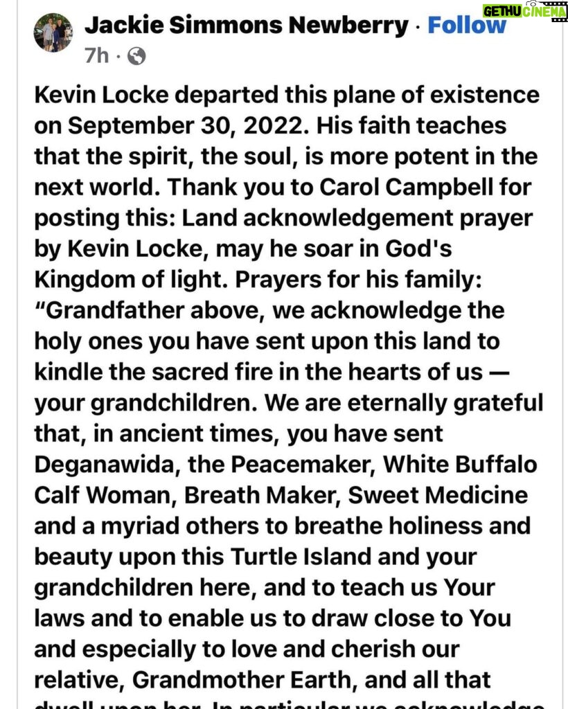 Parisa Fitz-Henley Instagram - Learning to soothe the ache of earthly loss with remembrance of the gift of another spiritual ancestor gained... Kevin Locke, Lakota name Tȟokéya Inážiŋ, meaning "The First to Arise,” brought so much beauty to the lives of so many with his gorgeous artistic talents. I never got to know him, but he was so often just a degree of separation away that I benefited from his steady, gentle presence and guidance in the Bahá’í community of the US. I feel so sad… I can only imagine the grief of those who were close to him. Praying for infinite blessings on his journey, and for soothing and healing for the hearts of his loved ones. I am filled with so much gratitude for and inspiration from his life on this plane. If you didn’t know this beautiful man please look up his life, his gorgeous flute playing and hoop dances. May the mission of his life carry on: "All of the people have the same impulses, spirits, and goals. Through my music and dance, I want to create a positive awareness of oneness of humanity." — Kevin Locke 🙏 Image Descriptions: Slide 1 — Kevin smiling, with brown skin and his hair in two gray braids. He wears beautiful multicolored clothing and is holding many multicolored hoops he’s joined in a circle that frames his face. Slides 2&3 — A FB post from Jackie Simmons Newberry with a land acknowledgment prayer created by Kevin Locke. Text of the prayer in comments below. ♥️ Videos: Kevin hoop dancing outside, images of a herd of buffalo roaming a countryside of golden-green grasses as he’s speaking about the beauty of the world. These are interspersed with him speaking and playing his flute before a small, happy crowd of people indoors who’ve gathered to hear him.