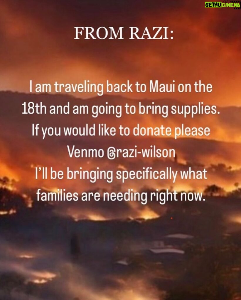 Parisa Fitz-Henley Instagram - My dear friend of 25+ years @raziwilson is taking things back home to Maui in a few days to help after these heartbreaking fires. This is for people she knows personally and whose needs she’s able to address directly. She is inviting others to contribute. If you feel moved to donate through an individual, she is someone I’ve always known to be trustworthy, huge-hearted and no non-sense. She’ll make sure people get what they need. Thank you. 🙏 For those who’d prefer an org, via @abcnews: “The Council for Native Hawaiian Advancement pledged to match donations — up to $100,000 initially, now increased to $1 million — for a campaign they began Wednesday, with initial support from the Alakaʻina Foundation Family of Companies. An online tracker shows that more than $442,000 has been given from 3,300 people as of Thursday.” And GoFundMe also has vetted fundraisers for individuals. If you’re reading this from Hawaii, please know you’ve been in our hearts and prayers. May your hearts be soothed in the midst of all this loss and grief. And may you have the gentlest, quickest healing and restoration possible. Sending you so much love. 🙏🌺🤍 Slide descriptions: 1. Video of me up close, talking to camera. My hair is up and I’m wearing a black t-shirt. 2. A background that looks almost like a sky at sunset, but is actually an area of hills, trees and homes with flames and smoke all around. The message superimposed reads: “FROM RAZI: I am traveling back to Maui on the 18th and am going to bring supplies. If you would like to donate please Venmo @razi-wilson. I’ll be bringing specifically what families are needing right now. 3. A Venmo QR code for Razi with her photo at the center.