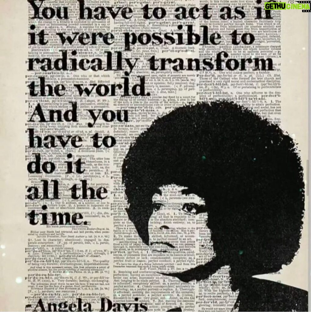 Parisa Fitz-Henley Instagram - Feeling this so deeply. 🖤 Thank you for posting (and for all you do to embody this) @syrusmarcus Image description: Background is a blurred dictionary page. Superimposed is a silhouette of Angela Davis and the following words in black — “You have to act as if it were possible to radically transform the world. And you have to do it all the time.” Angela Davis