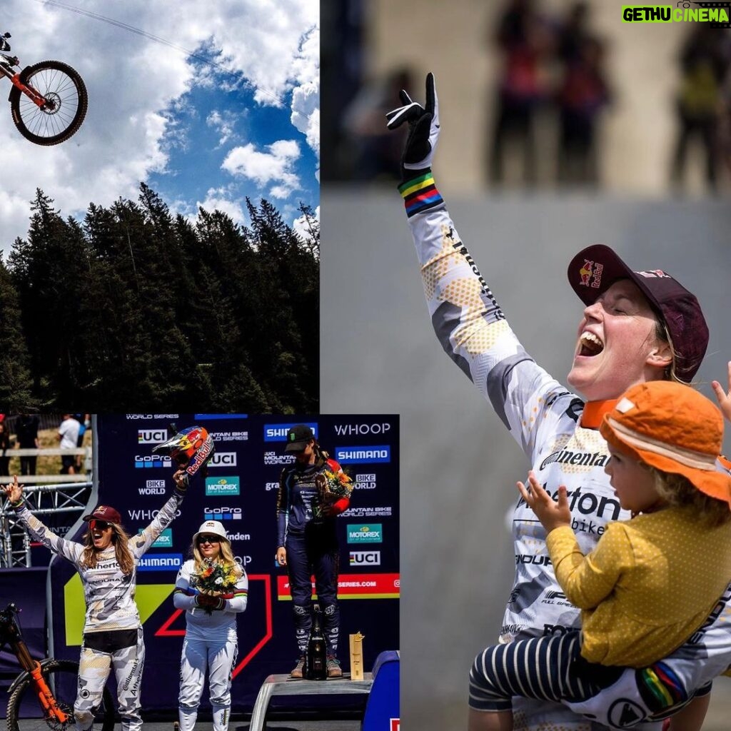 Rachel Atherton Instagram - This day Still feels like a dream! ⭐❤🥇 feeding arna in that champagne haze felt like magic ⭐ I don’t even know how it happened 🥇 Im beyond grateful to @dan_atherton for making us start @dyfibikepark ❤ Living there & riding there every weekend has done me so much good… when arna was a little baby, it was my lifeline , walking down there with her asleep in the sling, for a coffee & lunch, knowing it would be full of my family & friends & like minded bikers… it really saved me in so many ways from that loneliness you feel as a new mum… And then as I started riding, @dyfibikepark offered me everything I needed, a safe place to be with my baby girl with my mum or olly chilling with her, with no judgment, I remember breastfeeding in the cafe & all these young lads like “ok cool, no big deal” A perfect place to just ride & have so much fun & forget your fears…. & before I knew it I was back lapping the big tracks & sending the gnar, & then more recently I’ve been back taking it seriously as I aimed for this race, banging out full times runs & feeling the race joy come back ❤❤⭐⭐❤❤ I feel so ridiculously grateful for last weekend, thanks everyone ❤ @svenmartinphoto