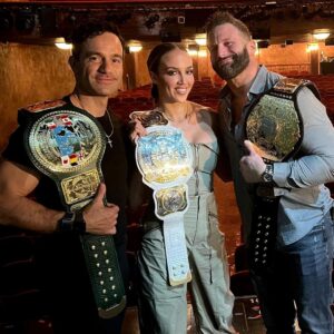 Ramin Karimloo Instagram - Loved having these two superstars at the show tonight. My friends @themattcardona and @chelseaagreen … The Indy God and The @wwe tag-team Champ. Matt and I also got to hold the new belts for @thelastmatchexperience made by the amazing @wildcatbelts #prowrestling #broadway #champ #wwe #indy