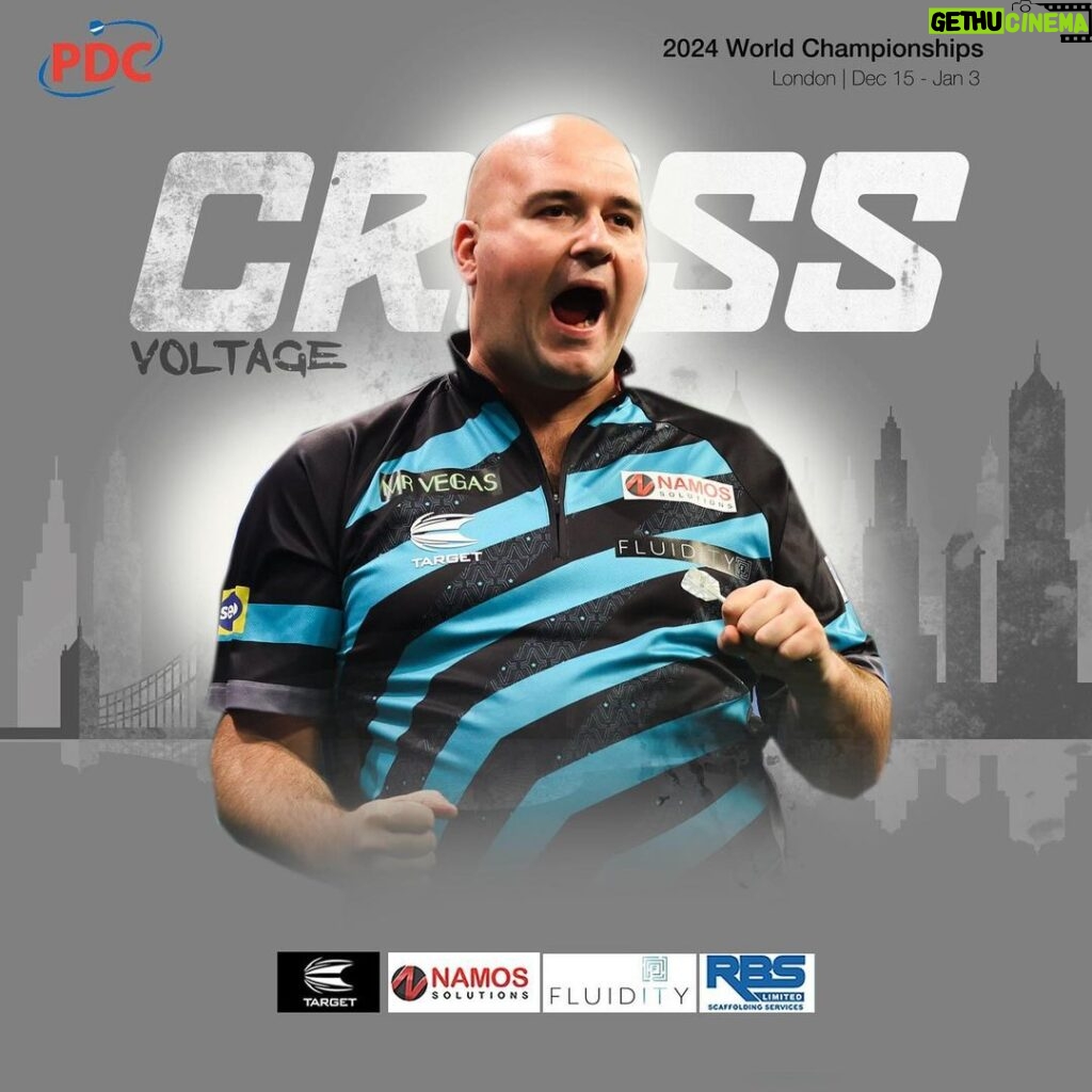Rob Cross Instagram - Back at my favourite place the Ally Pally. Preparation has been spot on and I’m ready to go. See you there! ⚡ @targetdarts @namossolutions @pwrbyfluidity @scott_rbs 📸 @_taylorlanningphotography_
