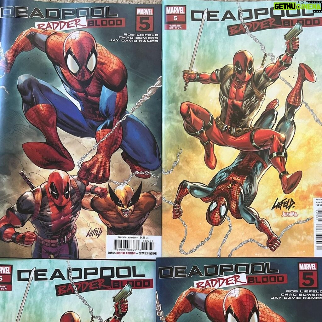 Rob Liefeld Instagram - Our Big Finale is in stores now! Deadpool:Badder Blood #5 is a big, bold wrap up with Spider Man joining the fray! Thank you to all@of you who have been scooping these up! #marvel #spiderman #deadpool #cable #wolverine #xmen #robliefeld