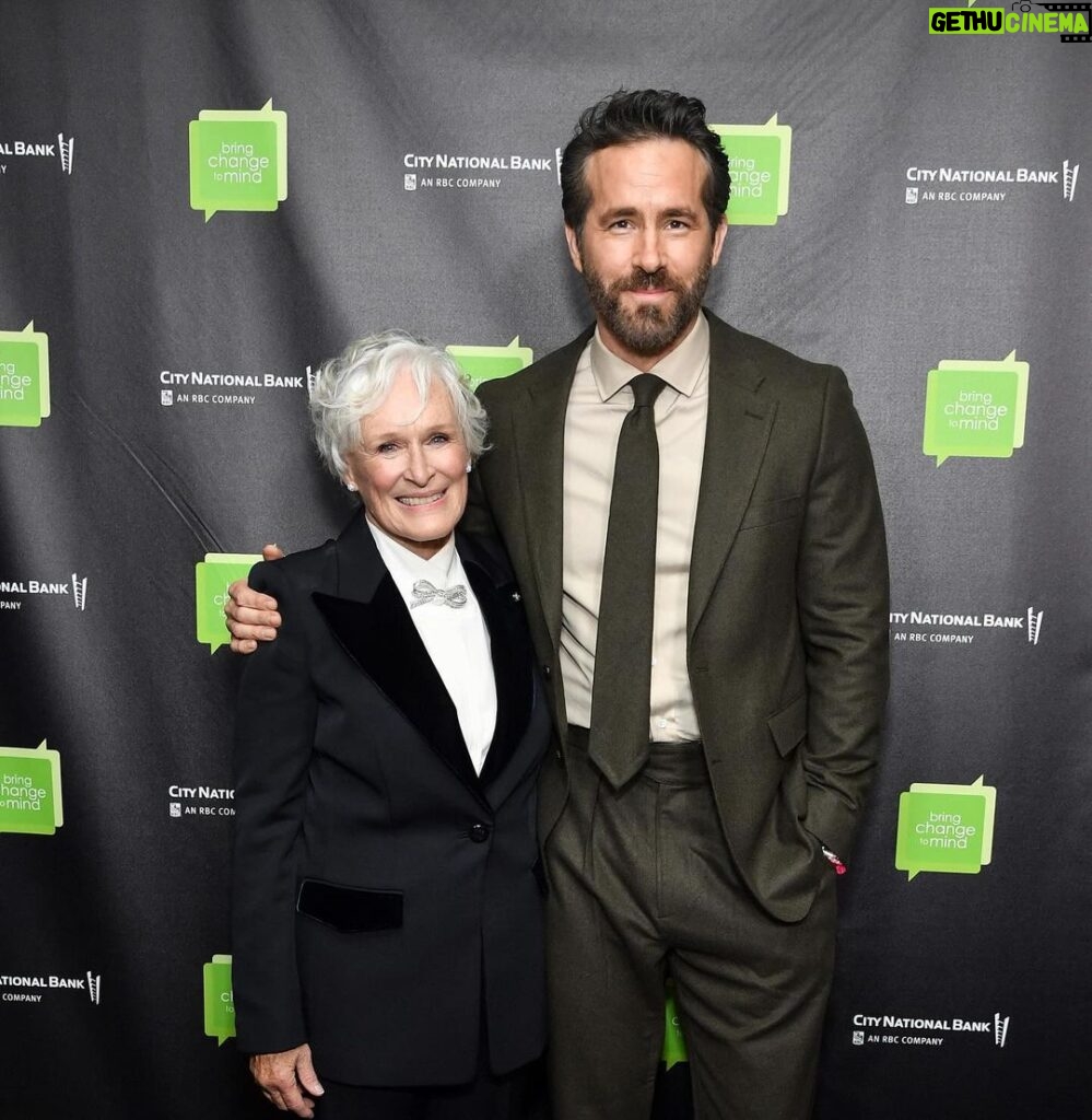 Ryan Reynolds Instagram - I miss Robin Williams. Pretty sure everyone does. His kids have turned his legacy into a living, breathing love-letter for good. It was a crazy honour to receive the Robin Williams Legacy Award last week at the annual Bring Change To Mind gala in NYC. The incomparable @glennclose started @bringchangetomind, whose mission is to end stigma and discrimination surrounding mental illness. Glenn literally saves lives by making space for these conversations. I love this woman. Give @bringchangetomind a follow for more info… Also, being roasted all night by some of the funniest people on earth was something I’ll never forget… without the help of a hypnotist.