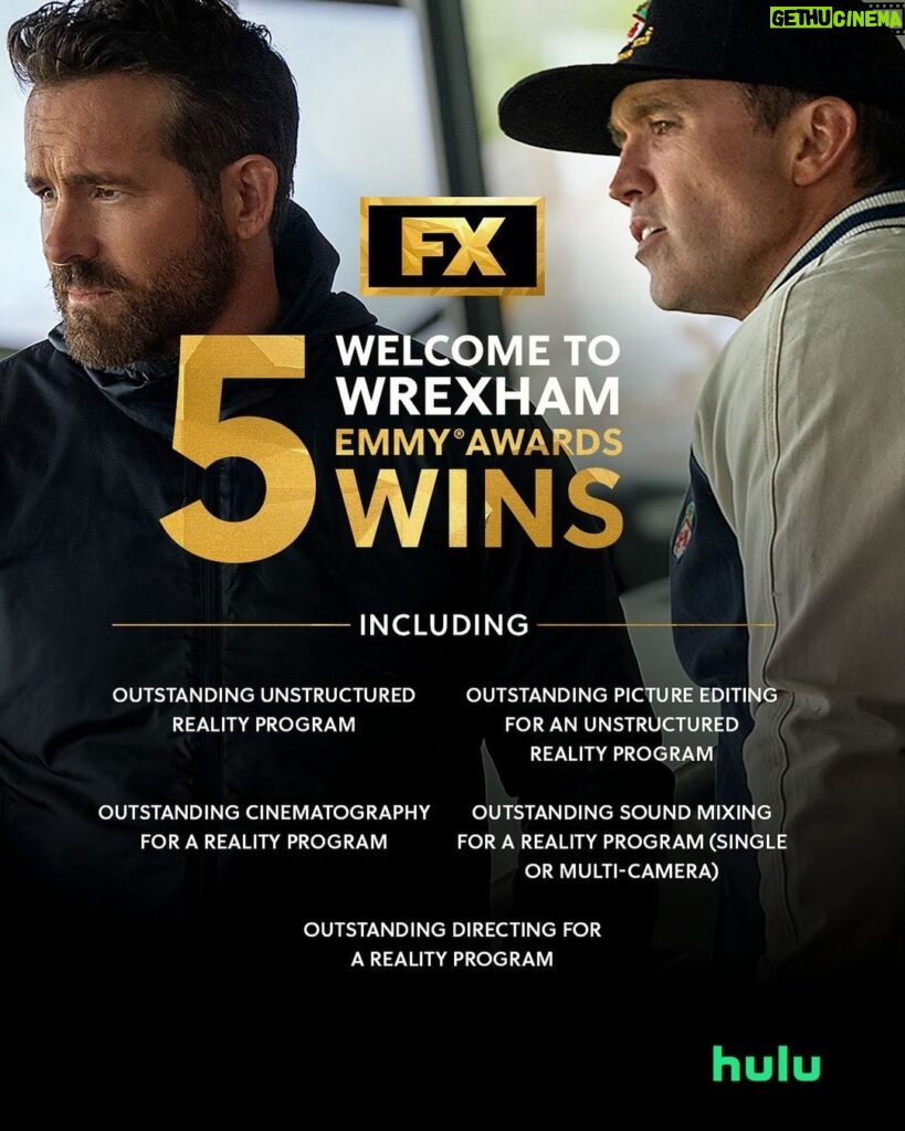 Ryan Reynolds Instagram - Up the town! 🏆 Congratulations to the entire Welcome to Wrexham team for their 5 Emmy awards! #WrexhamFX