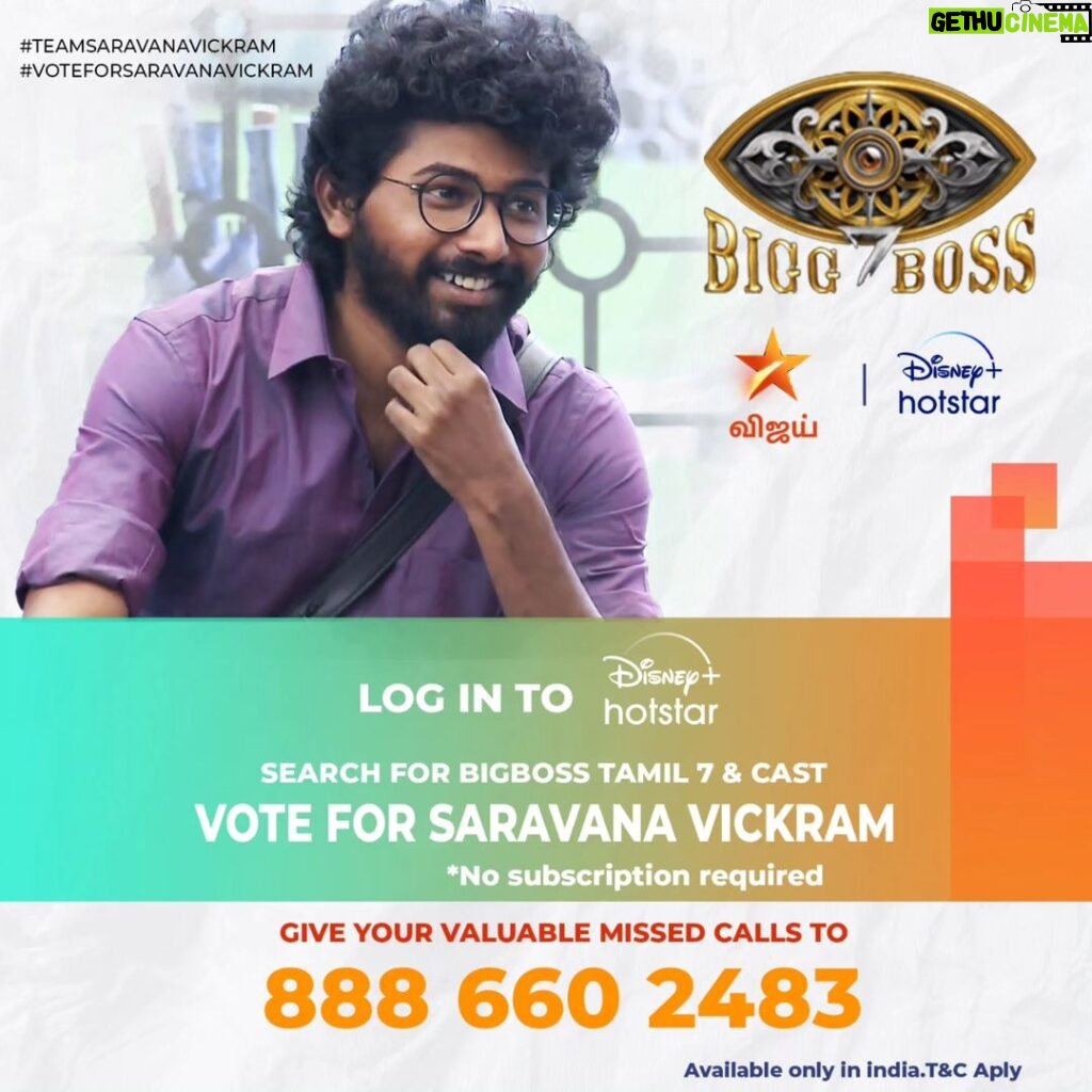 Saravana Vickram Instagram - To Vote Saravana Vickram 👉Login to @disneyplushotstartamil app (No Subscription Required) 👉Search for BIGG BOSS TAMIL 7 👉Tap on VOTE 👉Cast Ur Vote for #SaravanaVickram 👉Tap on Done & Give a Missed Call to 08886602483 (No Charges Applied) #Voteforsaravanavickram #votesaravanavickram #bbvotes #bb7voting #standwithsaravanavickram #Supportsaravanavickram #Teamsaravanavickram #biggboss7tamil #biggboss7 #bb7