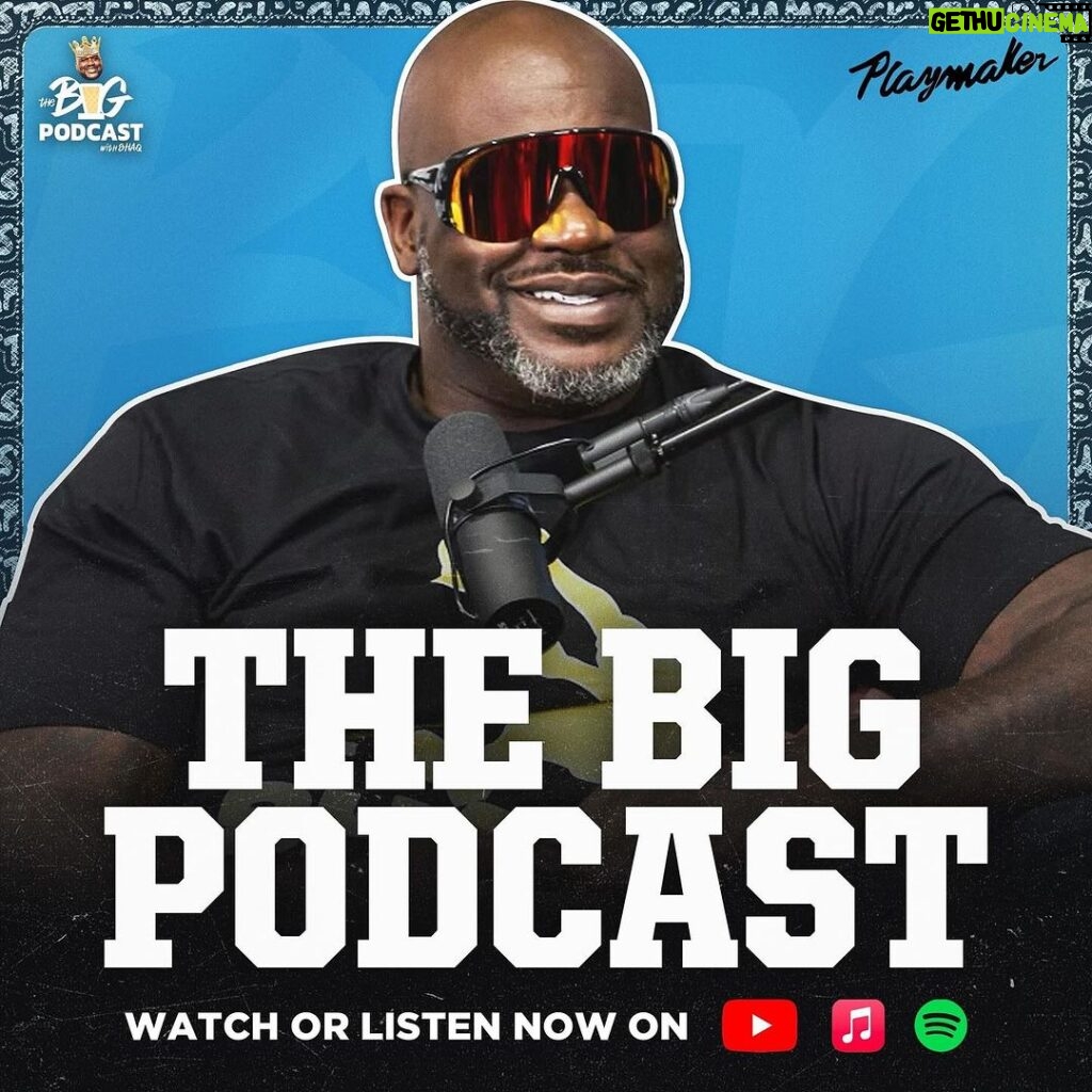 Shaquille O'Neal Instagram - We’re live! Watch Ep. 1 of my new show now - link in @thebigpodwithshaq’s bio. Excited to team up with @playmaker and @adamlefkoe to make the biggest podcast on the planet.
