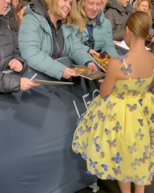 Sofia Sanchez Instagram - World Premiere in Berlin for @thehungergames The Ballad of Songbirds & Snakes 🕊️🐍

I had the time of my life meeting fans, signing autographs and watching the movie for the very first time! It is the most amazing film and I’m so proud! My dress is an homage to the working title of the film “Butterfly” as well as a nod to the butterfly symbol for Down syndrome awareness and my debut as an actress on the big screen. The colors yellow and blue are the colors of DS Awareness and my home country Ukraine. Truly a work of art by the amazing #houseofpetunia 

It was a night I will never forget! #corememory 

Custom Dress & Styling: @dolorispetunia 🦋
Hair & Makeup: @thesanchezsix 💫