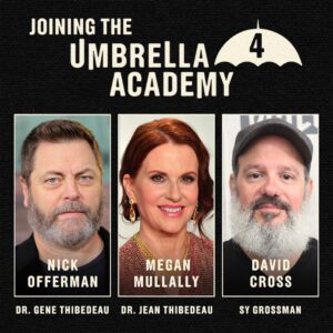 Steve Blackman Instagram - The Umbrella Academy family is getting even bigger: welcome Nick Offerman, Megan Mullally and David Cross to the cast in the final season! @umbrellaacad @netflix @netflixgeeked