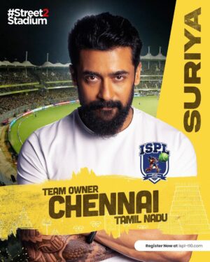Suriya Instagram - Vanakkam Chennai! I am beyond electrified to announce the ownership of our Team Chennai in ISPLT10. To all the cricket enthusiasts, let’s create a legacy of sportsmanship, resilience, and cricketing excellence together.

Register now at ispl-t10.com!🏏

#ISPL @ispl_t10 #Street2Stadium | @surajsamat @ravishastriofficial @amol_kale76 @advocateashishshelar