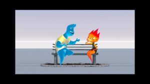 Tarun Lak Instagram - Here’s an unfinished “Bench test” scene from #elemental 

The director, Pete Sohn at one point in preproduction mentioned it would be a great way to discover who Ember and Wade were if they had to sit at a park bench together. What would their interaction be like?

Taking that concept I mocked up this scene in some rough drawings, as if they sat at a park bench during a first date. 

It was a great way to do some test runs on how Fire and Water properties would manifest themselves tied to some performance and how each of their element and personality negatively or positive impact the other. This was also a nice way to figure out how we might get our models to behave this way on a more technical level and what tools and controls we might need.

Three of these shots were animated by myself, one of them by the amazing Jessica Torres, and the rest were left unfinished in drawings as we moved on to other assignments. I should also mention these are just the temporary models we animated and tested with, before it gets rendered with work from other departments. Fellow animator and nemesis Cody Lyon scored some amazing music to go with it. Hope you enjoy!

#pixarelemental #ember #wade #animationtest #benchtest