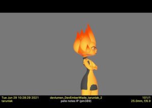Tarun Lak Instagram - Some early Ember performance tests on #elemental back from 2021. 

This is roughly what our models looked like in animation- before fx, sim, shading and lighting made it look pretty. 

These were also done while we were working with riggers to figure out appeal and controls we might need to animate her. 
We were also exploring what fire movement might be incorporated into performance. 
Some of partial disappearing effects on the arms(we called it presence), head flame size, fire intensity, breaking of skeletal structure were explored here.

The big key component that wasn’t figured out by this point was how much we were going to drift fire character movement, especially after they landed in a pose. 

I had a lot of fun doing these, sound is removed here since internal scratch dialogue was used.

#ember #animation #animationtest #pixar