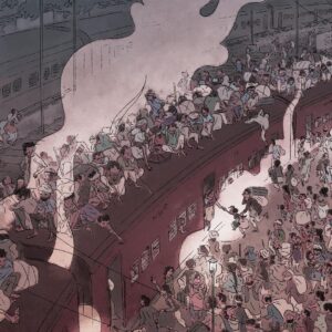 Tarun Lak Instagram - “Clickety-clack, chugging along the track. We cannot go back”

This was the first spread I worked on for ‘The Moon from Dehradun’ 🌙 and also took the longest. It was the heaviest scene to draw to carry the reality of hoards of people having to flee across the border on trains, literally packed to the roofs of the carriages. I tried to show a little story with each of the individual people in the crowd, since they would’ve all had a unique experience going through the traumatic Partition.

This still being Azra’s story, it was important to show it from her point of view. I played with a few compositions before landing on this one, with the help of my art director on the project. 

A print of this will be hung up at the Original Art Show by the Society of Illustrators in New York. If you’re around November 10 to February, feel free to drop by. I’m thrilled to be featured in their show.

Text by @shirinshamsi1 ✨

Published by @simonkids 

#themoonfromdehradun #picturebook #illustration 
#indiapakistan #partition #kidlitart